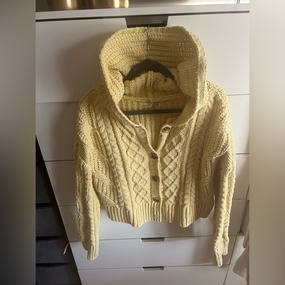 Hazel Moon Sweaters - Hazel Moon Cozy Yellow Cable Big Button Hooded Knit Cardigan